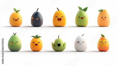 Ten adorable fruit characters with different expressions are arranged on a white background. Each fruit has a cute face and a small green leaf.