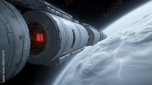 Futuristic spaceship orbiting a stormy planet with lightning, a grand celestial journey above