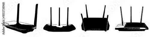 Black and White Router Silhouette Vector Ideal for network, internet, connection, and simple tech graphics. Symbolizes simple network, wireless communication, and digital access.