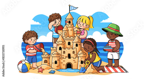 Children Building Elaborate Sandcastle on Sunny Beach Day.