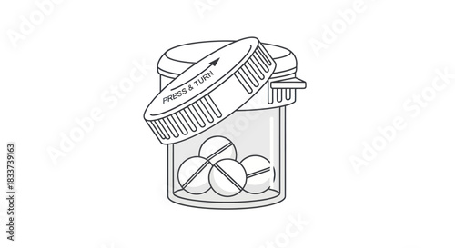 Prescription pill bottle with cap open revealing round tablets inside.