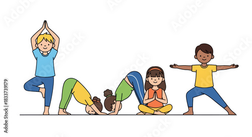 Group of Children Practicing Yoga Poses Together Promoting Health and Wellness.