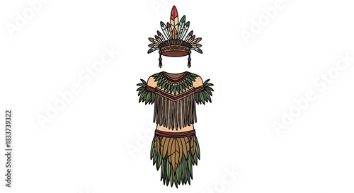 Detailed Native American Costume with Feathered Headdress and Dress.