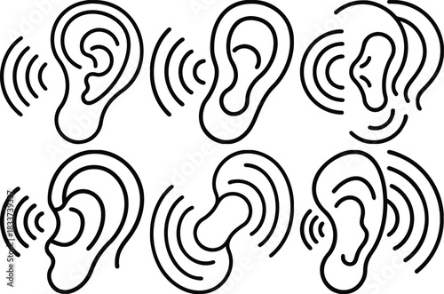 Ear Icon Hearing and Sound Wave Illustration in Clean Outline Vector for Audio, Anatomy and Communication