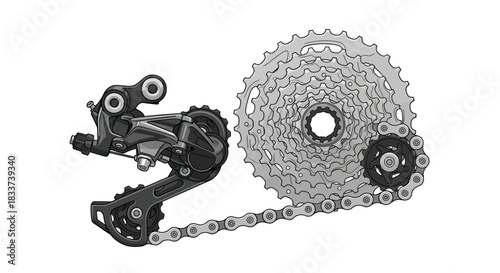 Bicycle Rear Derailleur and Cassette Sprocket with Chain.