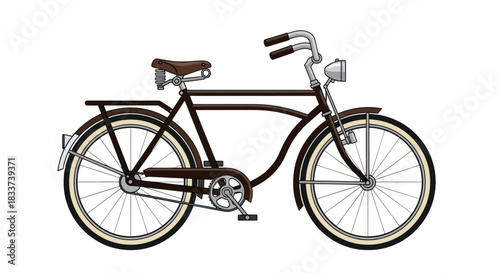Classic Black Bicycle with Brown Leather Seat and Chrome Accents.
