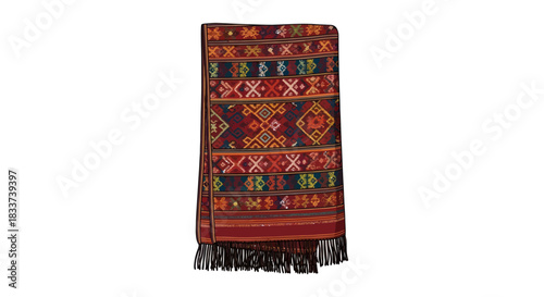 Intricately Woven Textile with Geometric Patterns and Fringe.