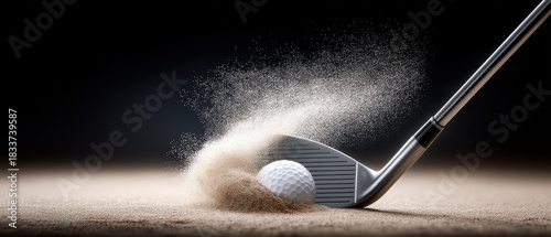 Golf club strikes ball in sand trap, sending sand flying in impressive display of skill and precision. scene captures essence of game and excitement of perfect shot