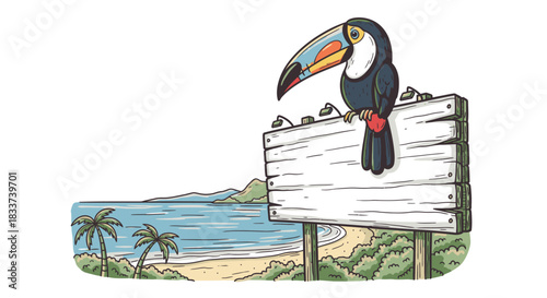 A whimsical toucan perches on a blank wooden signpost, overlooking a serene tropical beach with palm trees and blue ocean, inviting thoughts of exotic travel.