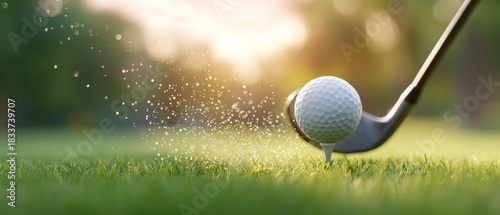 Golfer strikes ball on lush green course, capturing excitement of game as ball lifts off tee amidst backdrop of soft sunlight and blurred greenery