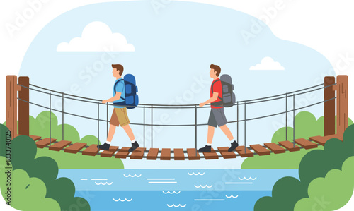 Hikers crossing wooden rope bridge over river
