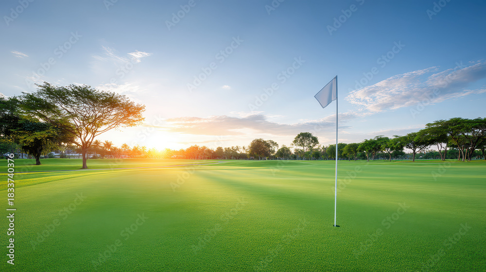 Obraz premium Serene golf course at sunrise showcases lush green grass and flag gently waving in breeze. tranquil atmosphere invites players to enjoy perfect day of golf