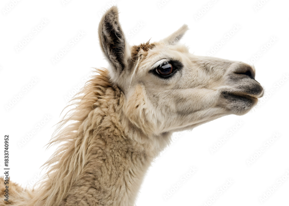 Obraz premium Cream colored llama looking toward the right side against a transparent background