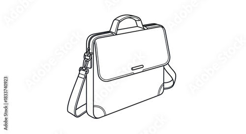 Line Art Drawing of a Classic Briefcase with Handle and Shoulder Strap.