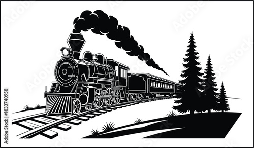 Locomotive silhouette pulling passenger train