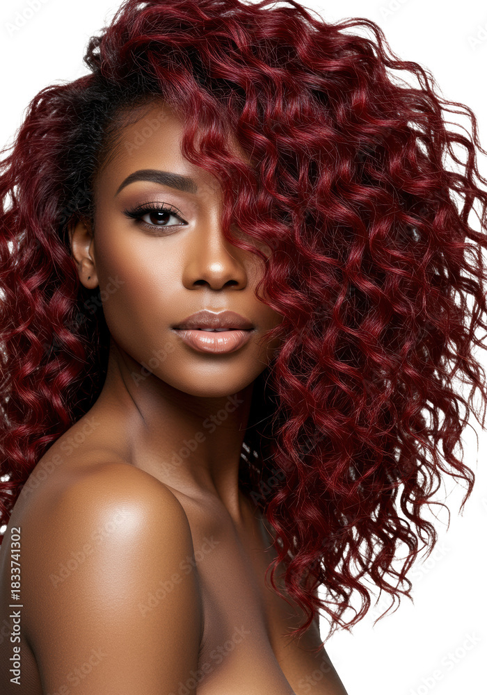 Fototapeta premium A young african american woman, mid-20s, with radiant skin and voluminous red curls, confident gaze, on a transparent studio background with copy space, celebration of natural beauty
