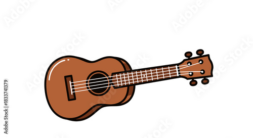 Cartoon Brown Ukulele with Four Strings and Tuning Pegs.