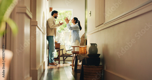 Bild auf Leinwand Frustrated couple, hallway or home with argument, fight or conflict for disagreement or breakup