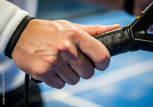 Close-up of a hand gripping a racket handle with sweat droplets, sports action detail on blue court background