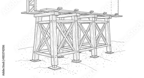 Architectural sketch of a series of sturdy wooden support structures, highlighting the intricate cross-bracing and foundational elements for a large construction.