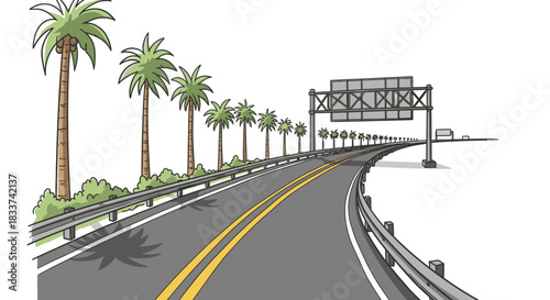 An illustrative depiction of a winding highway, flanked by tall palm trees and a sturdy guardrail, leading towards a distant horizon under a clear sky.