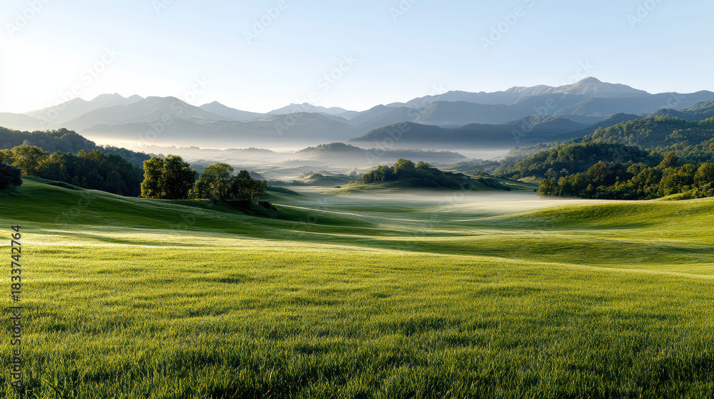 Fototapeta premium Rolling hill meadow morning mist peaceful dawn landscape with soft light