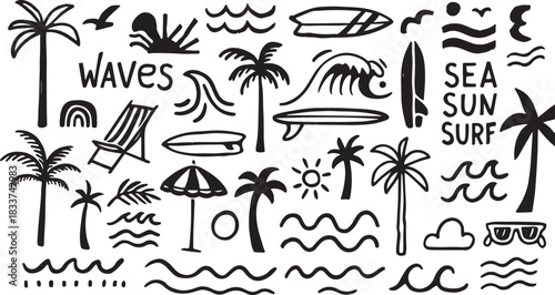 Hand-drawn doodle beach and surf icon vector set with tropical elements like palm trees, waves, surfboards, and sun. Perfect for summer designs black and white vector art
