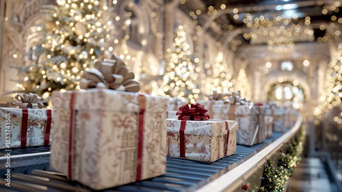 Gifts wrapped in festive paper christmas sale glide along a conveyor in a decorated factory with twinkling bokeh lights, evergreen garlands and rows of ready to ship holiday presents