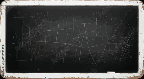 Vintage scratched blackboard with chalk marks, Realistic image of an old blackboard with visible scratches, white chalk marks, and a worn wooden frame. Ideal for education themes, nostalgic school 