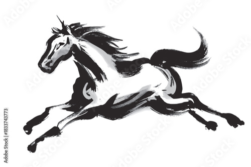 水墨画調の筆で描いたダイナミックに走る馬のモノクロイラスト
