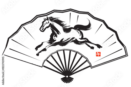 扇に筆で描いたダイナミックに走る馬のモノクロイラスト