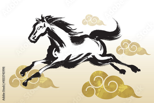 筆で描いたダイナミックな馬と金色の雲のイラスト