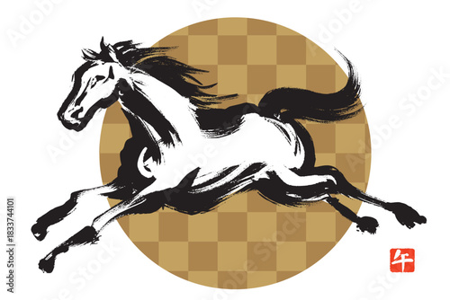 筆で描いたダイナミックな馬と金色の市松模様のイラスト