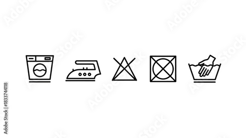 Laundry care symbols icon set with machine wash, iron, do not bleach, do not tumble dry, and hand wash instructions for clothing labels