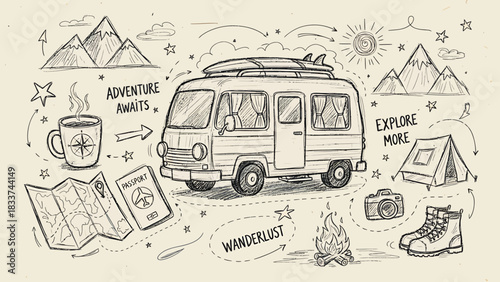 Illustration of a camper van with travel-themed elements like maps, mountains, and a campfire, representing wanderlust and adventure