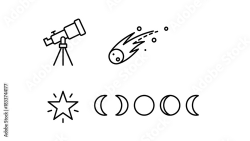 A comprehensive collection of minimalist line art icons depicting astronomical objects and observation tools for educational and scientific design projects