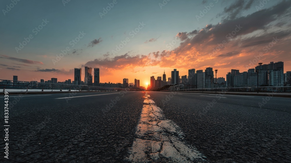 Obraz premium The city street is empty and quiet, with a large building in the background and a beautiful sunset in the sky. The sun is setting, casting a warm glow over the city. The street is lined with buildings