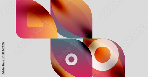 Abstract shapes overlap, creating vibrant color blends. Gradients shift from orange, red, teal, purple. Minimalist design, modern aesthetic.