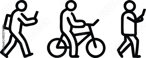 Three Figures Walking and Cycling with Phones on White Background Keywords: walking, cycling, people, figures, line, movement, progress, side view