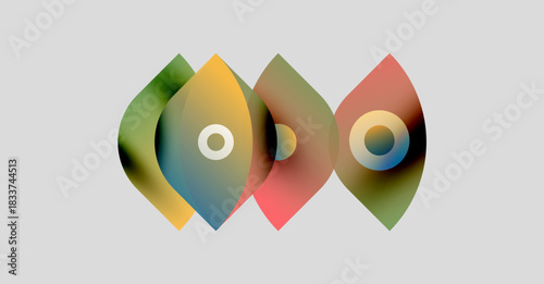 Abstract shapes overlap, creating colorful design. Circles nest within leaflike forms. Gradient hues blend smoothly, offering visual interest.