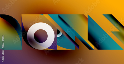Abstract design features colorful geometric shapes, overlapping forms, vibrant gradients. Text DOWN is partially visible within composition.