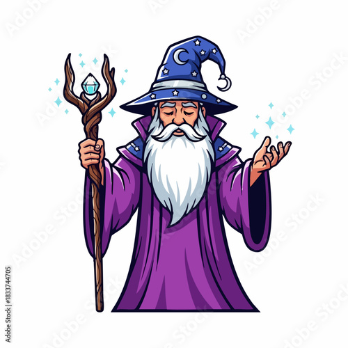 Cartoon wizard casting spells with wooden staff and crystal. Cartoon wizard conjures magic. Use this cartoon wizard as part of a fantasy game promotion, book, or graphic novel.