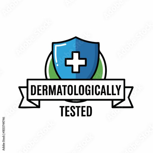 Dermatologically tested label features a shield emblem and white cross within a blue and green badge. Dermatologically tested symbolizes product safety.