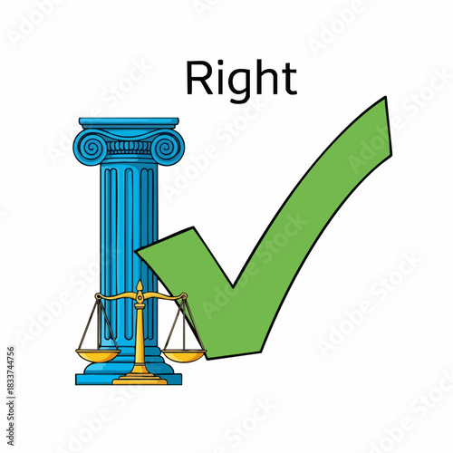 Depiction of legal compliance and justice with scales of justice near an architectural column and symbolic green check mark to represent the legal compliance, showcasing equilibrium and conformity.