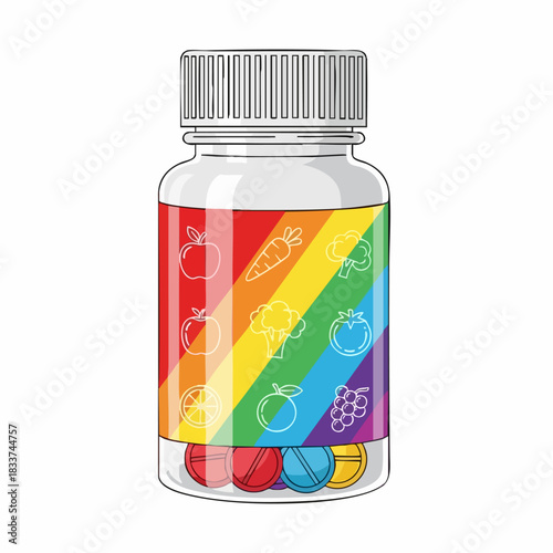 Rainbow vitamins bottle in studio shot. Rainbow vitamins with pills offer children vitamins to grow up healthy. Featuring rainbow vitamins for colorful lifestyle and healthcare,