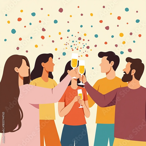Diverse group of friends celebrating together with champagne and confetti