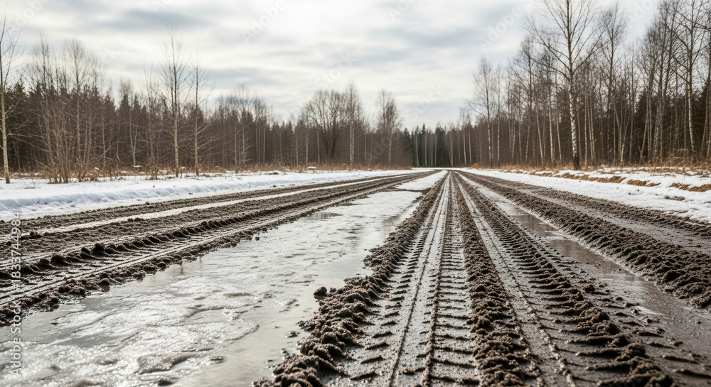 Fototapeta premium Off road track with mud and snow through forest in winter, off road track. Muddy path leads through trees in countryside, showing traces of vehicle tires,