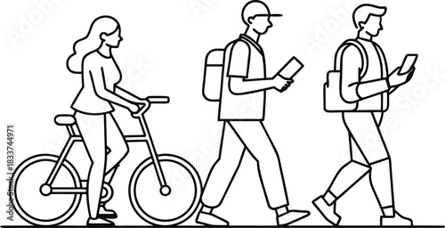 Three people walking and cycling with phones and bags on white background Keywords: walking, cycling, phone, mobile, smartphone, bag, person, man
