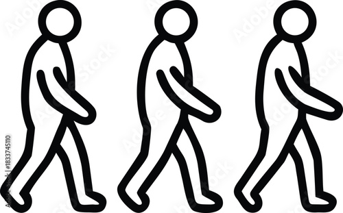 Three simple line art figures walking in a row people silhouette