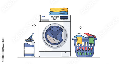 Laundry day essentials: a modern front-load washing machine with stacked clean clothes, a basket of dirty laundry, and detergent ready for use.